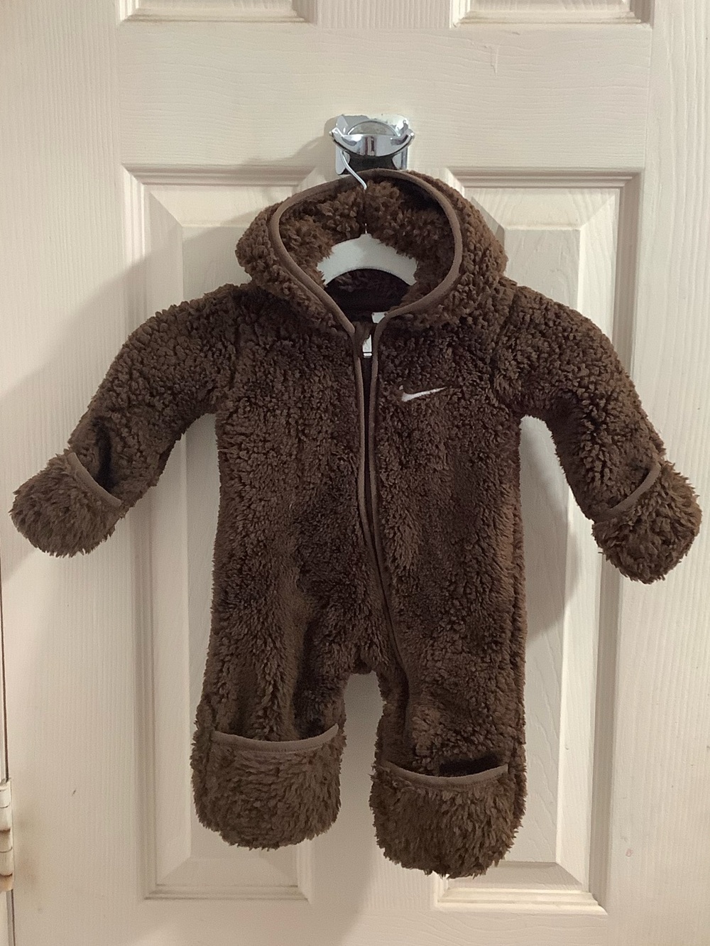 Nike Chocolate Brown Sherpa Fleece Hooded Newborns One-Piece Footie